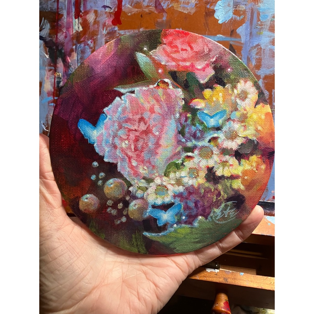 Artettina Original Floral Butterfly painting round art flower surreal Bouquet US - Picture 6 of 8